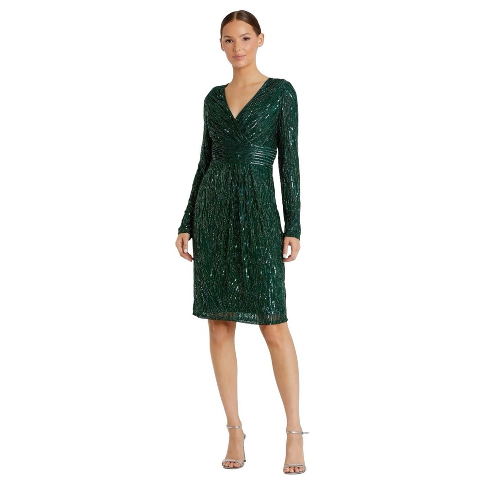 Mac Duggal 4632 Emerald Green Sequin Long‎ Sleeve Cocktail Dress Size 10 $498